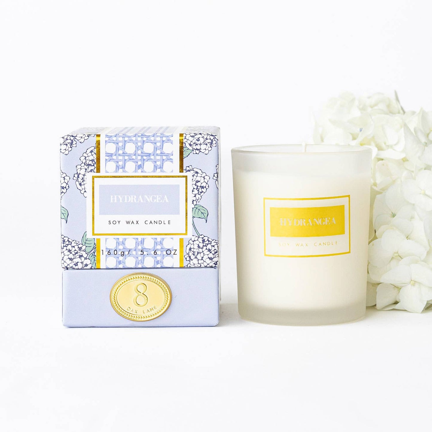 hydrangea soy wax candle 5.6oz with floral scent and decorative packaging