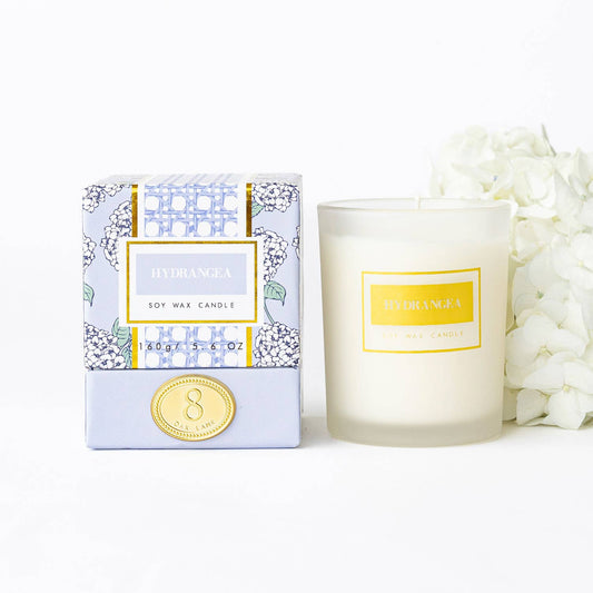 hydrangea soy wax candle 5.6oz with floral scent and decorative packaging