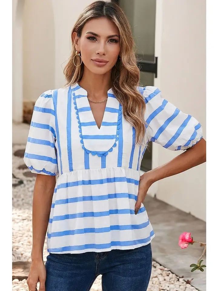 Sky Blue Stripe Puff Sleeve Babydoll Top