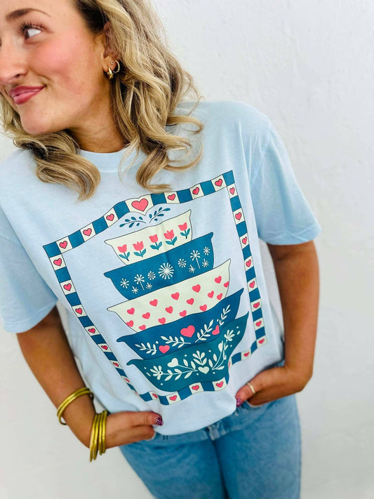 Vintage Mixing Bowls Graphic Tee on model - retro cottagecore kitchen design on chambray Comfort Colors tee