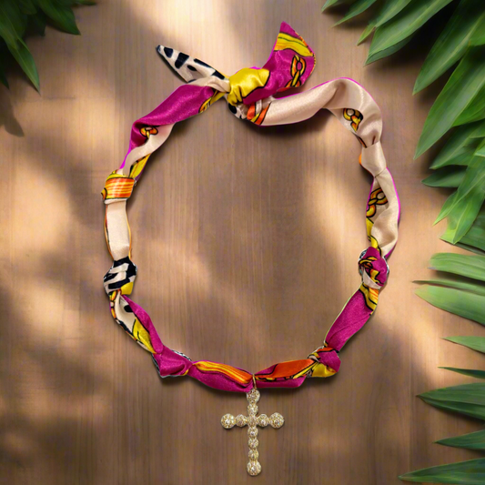 Pink Cross Spotted Scarf Bandana Necklace
