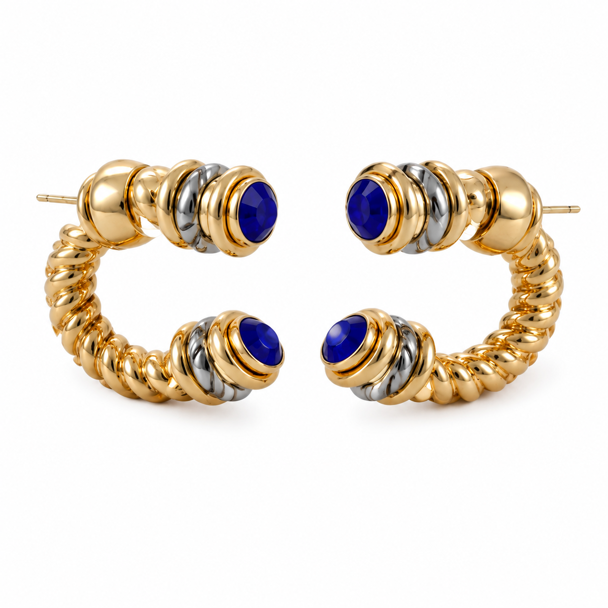Cobalt blue mixed metal statement hoop earrings with gold and silver-tone accents