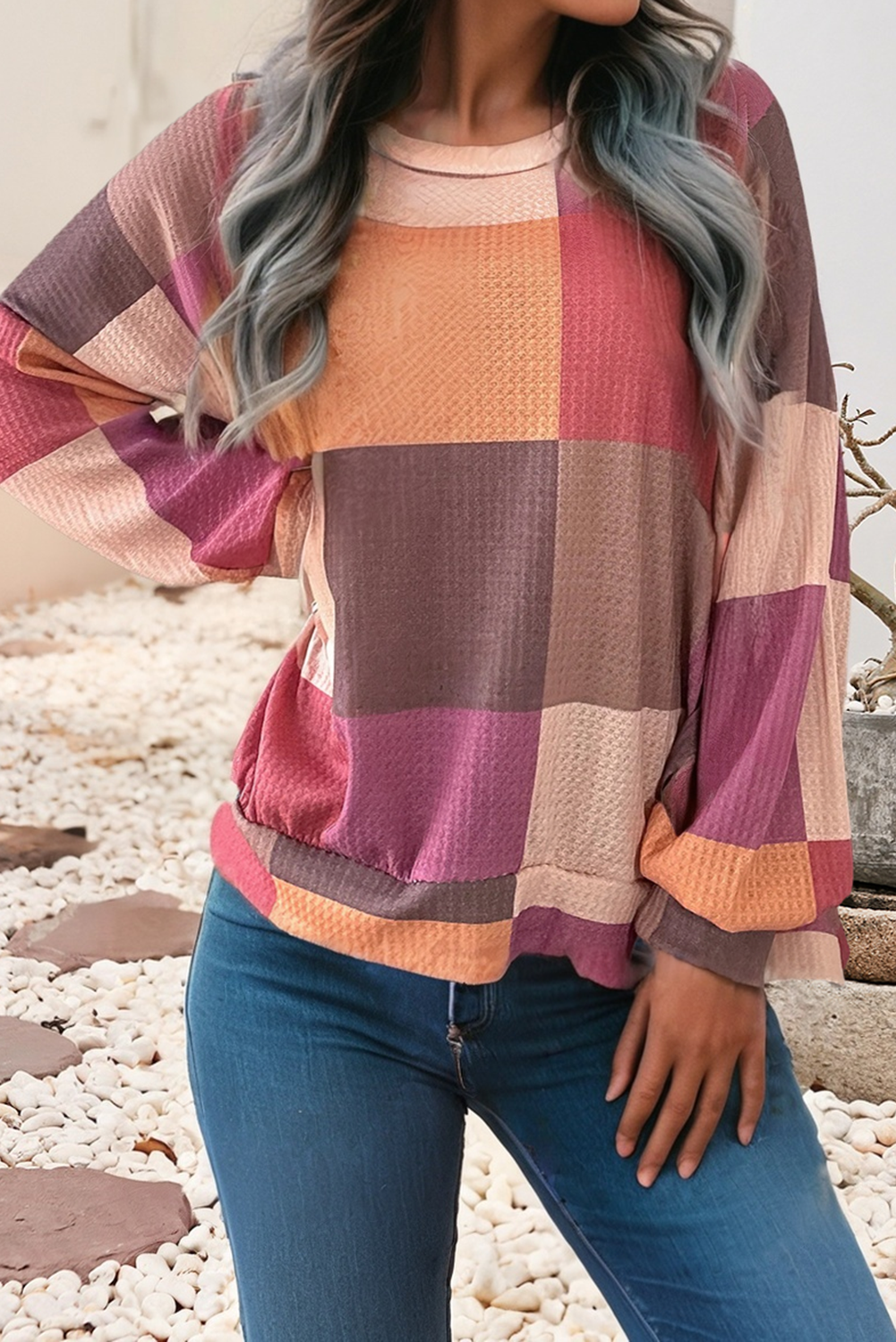 Checkered Print Knit Long Sleeve Loose Top