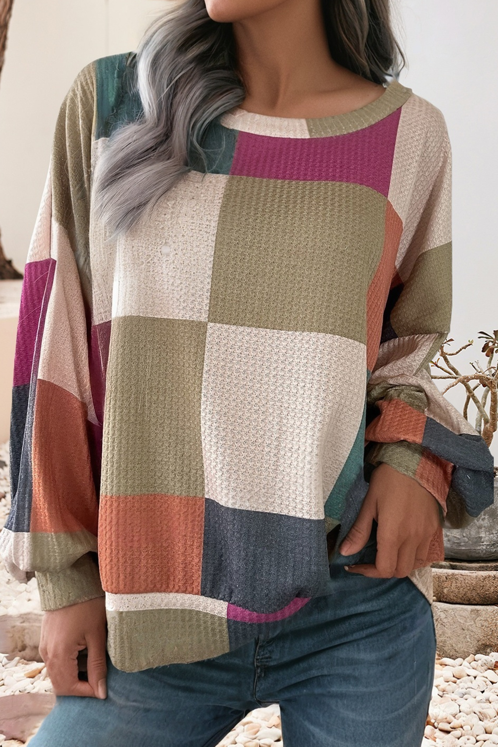 Checkered Print Knit Long Sleeve Loose Top