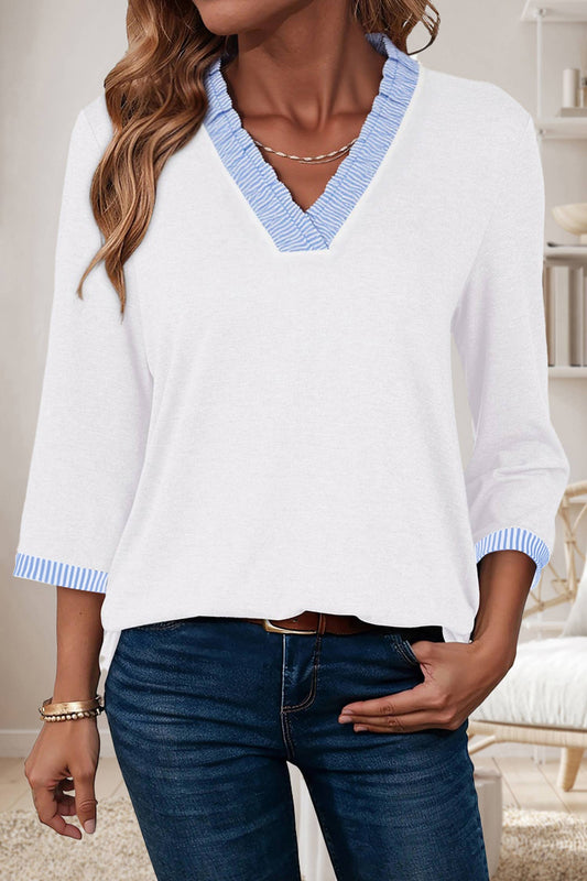 Striped Blue Trim V-Neck Blouse