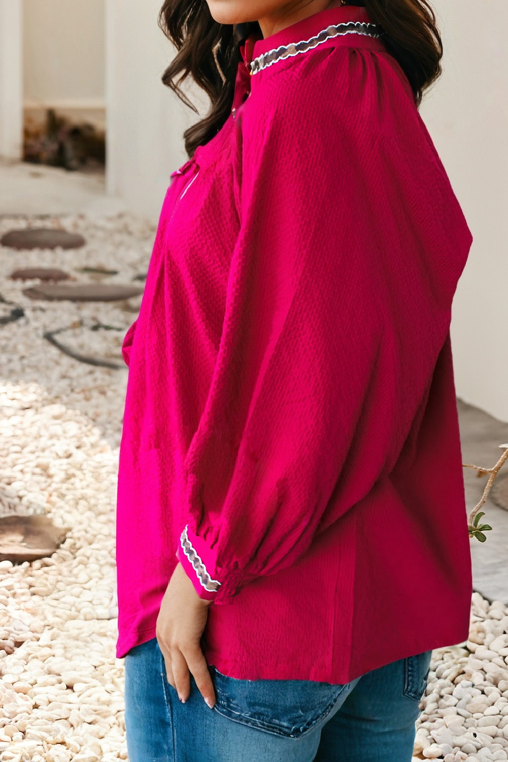 Embroidered Trim Split Neck Blouse