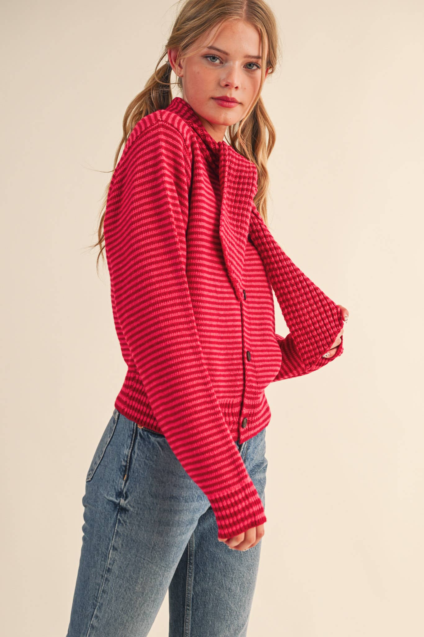 Stripe Tie-Neck Button Cardigan