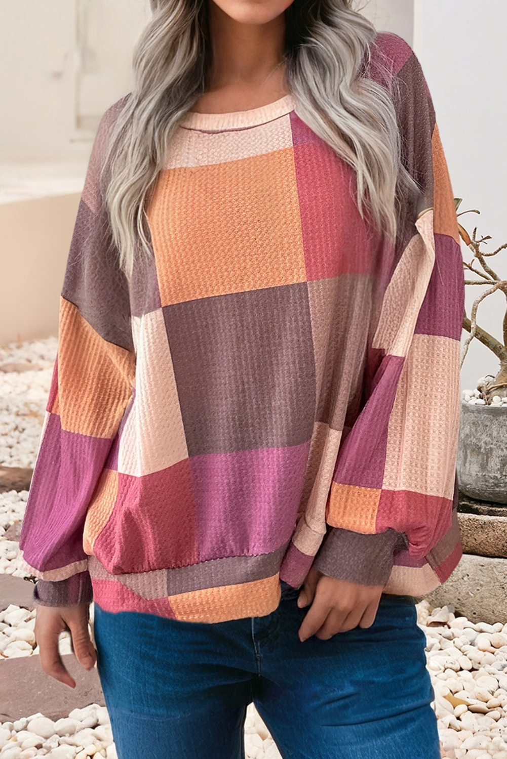 Checkered Print Knit Long Sleeve Loose Top