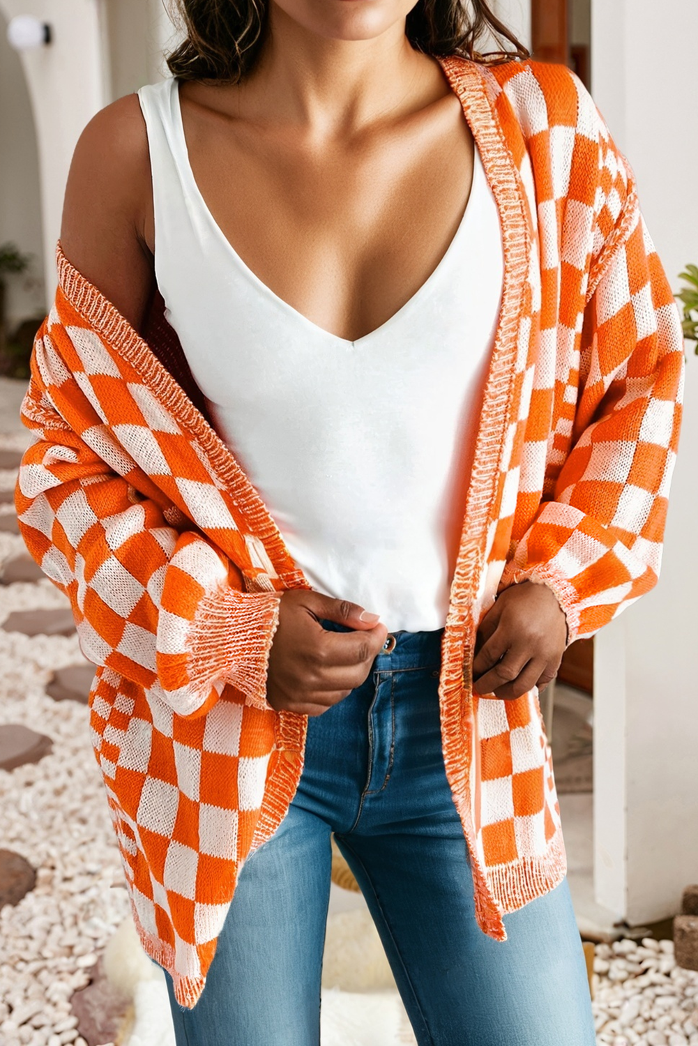 Orange & White Checkered Cardigan