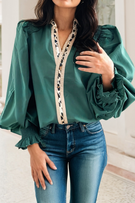Puffy Flounce Sleeve Leopard Trim V Neck Blouse