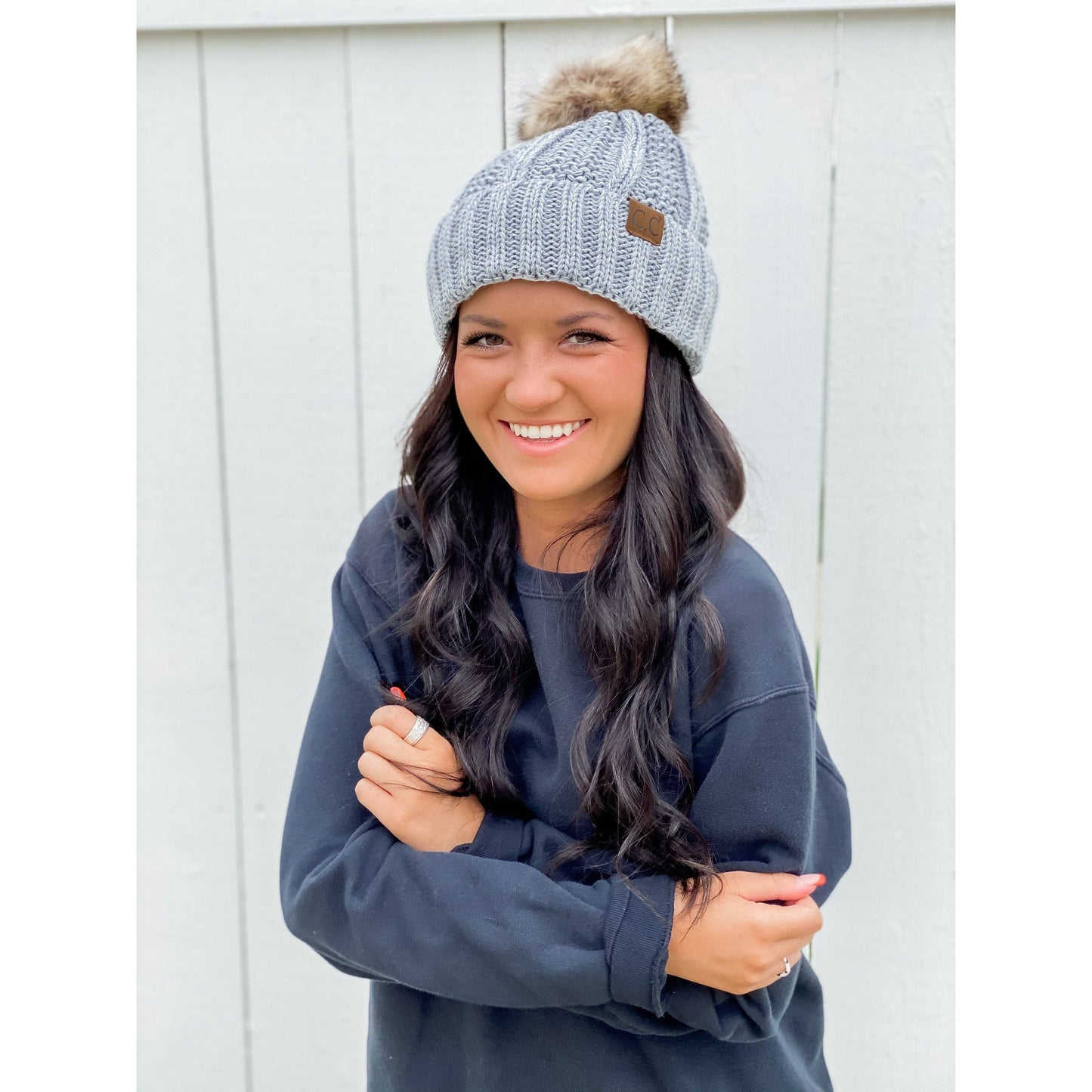 Fuzzy Lined Multi Tone Fur Pom CC Beanie