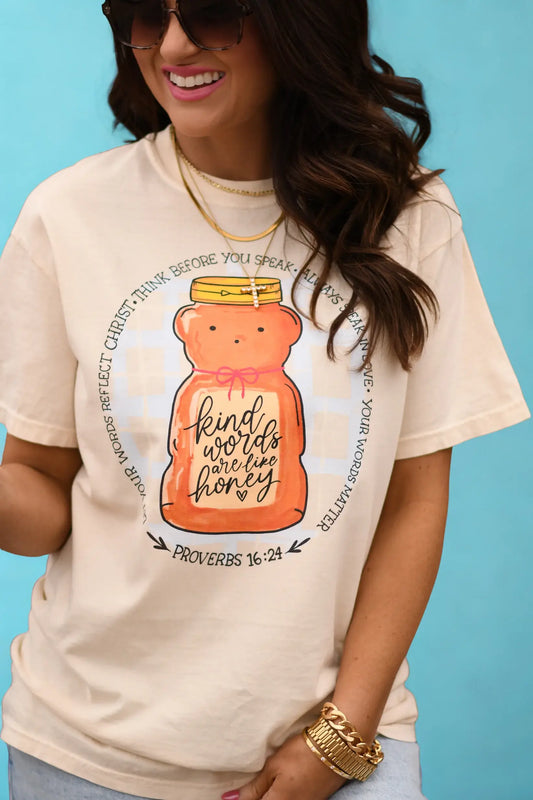 Kind Words Are Like Honey Proverbs 16:24 Graphic Tee - charming honey jar faith design on soft boutique tee