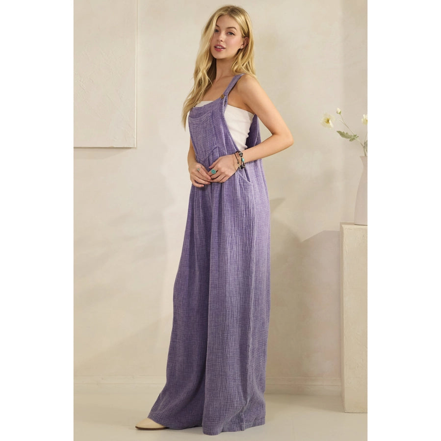 Lavender Crinkle Gauze Wide Leg Overalls