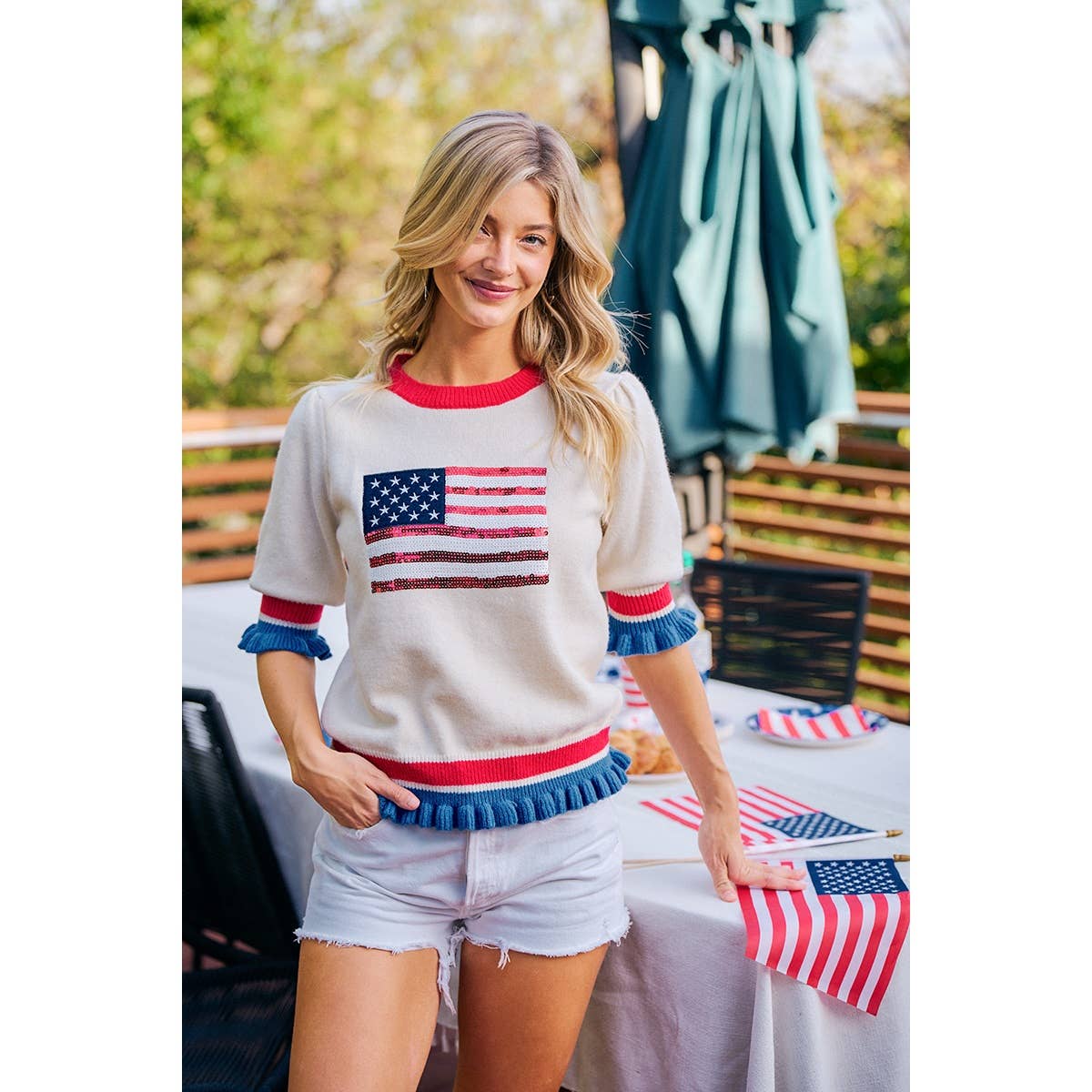 BiBi Sequin American Flag Ruffle Top