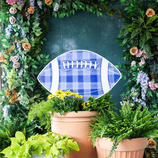 Blue Gingham Football Garden Stake