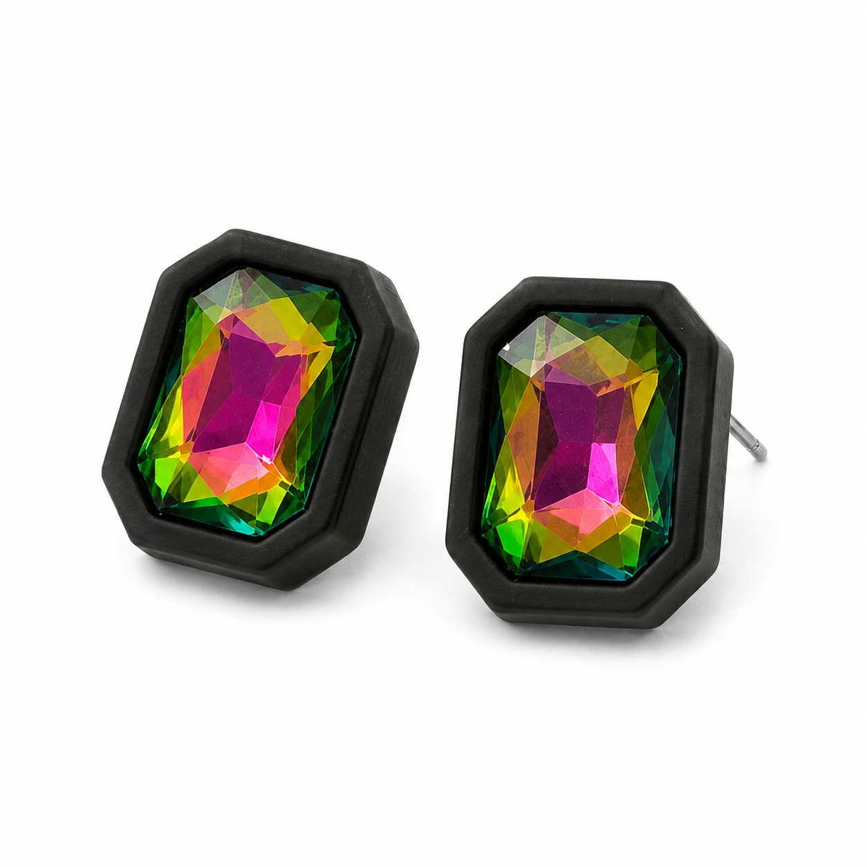 Midnight Prism multicolor iridescent statement stud earrings with black geometric setting