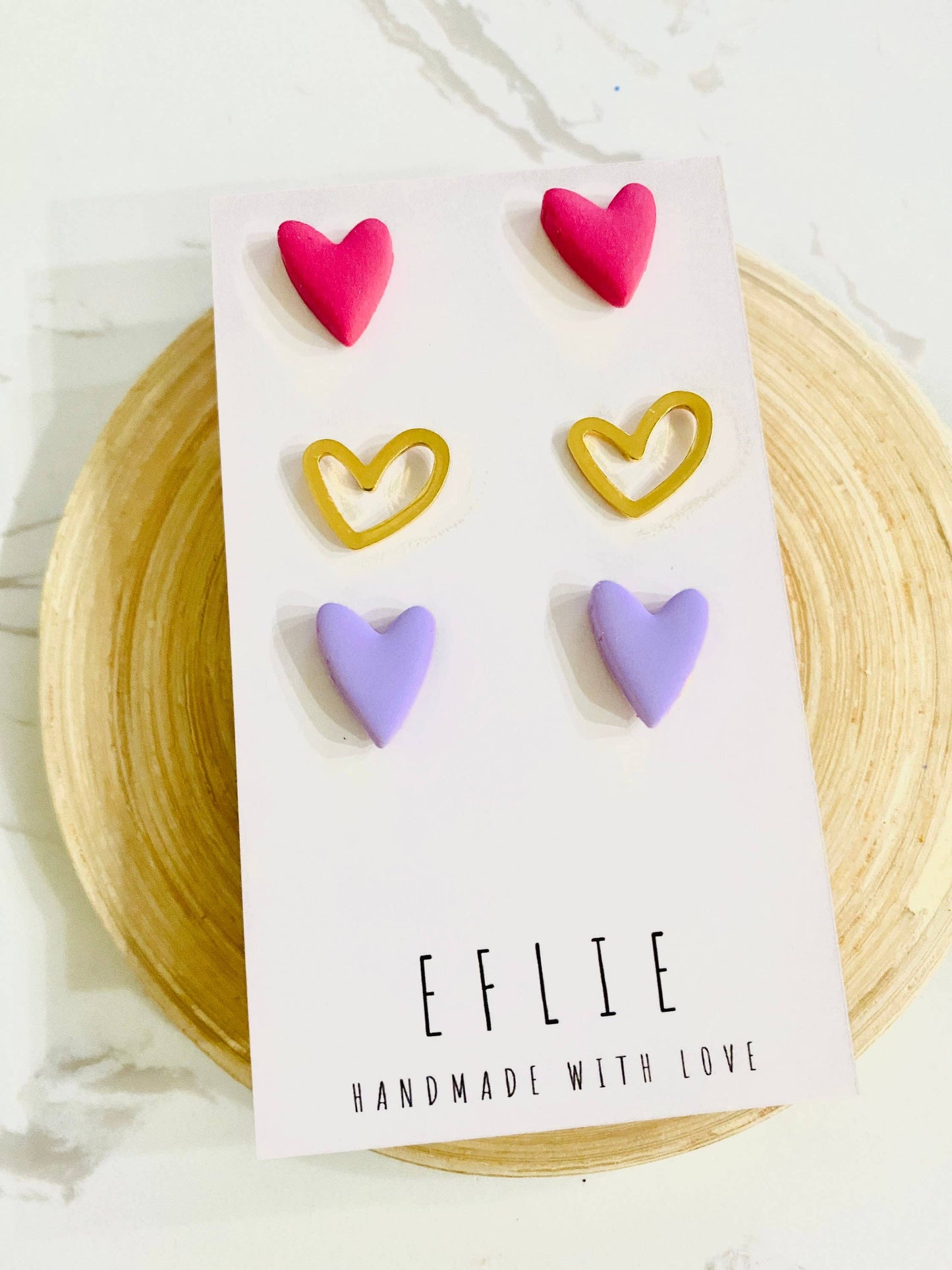 Valentine's Gold & Purple Heart Stud Earrings Set