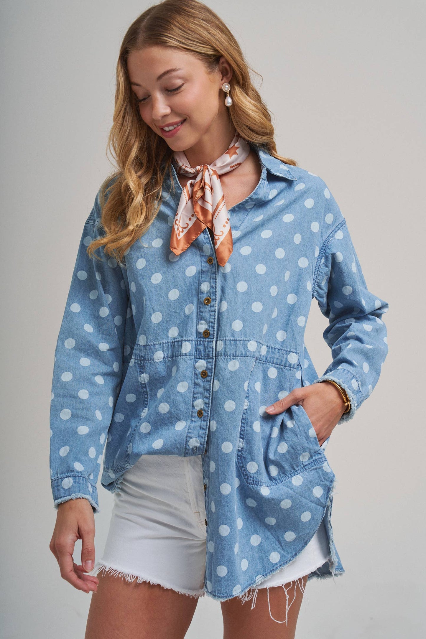 Polka Dot Chambray Button-Up Shirt with Frayed Hem