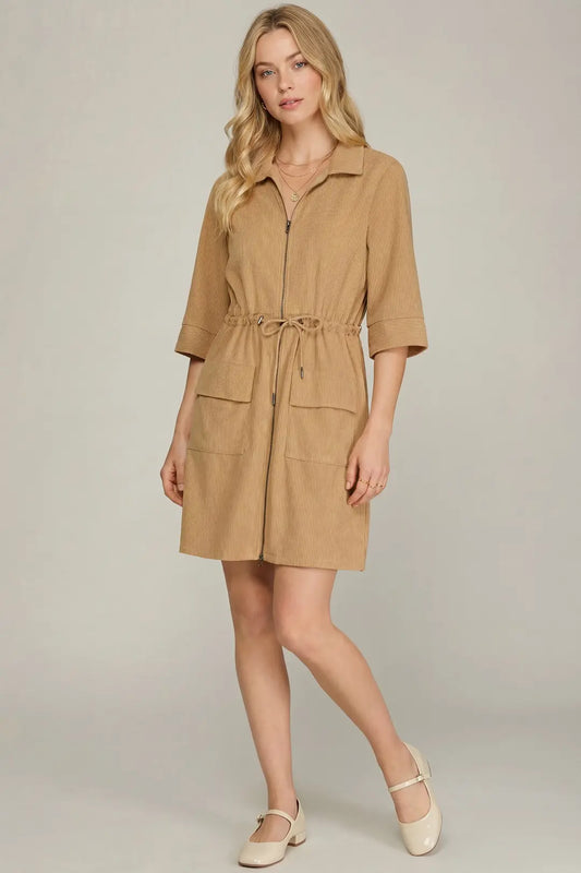 Half Sleeve Corduroy Zip Up Dress
