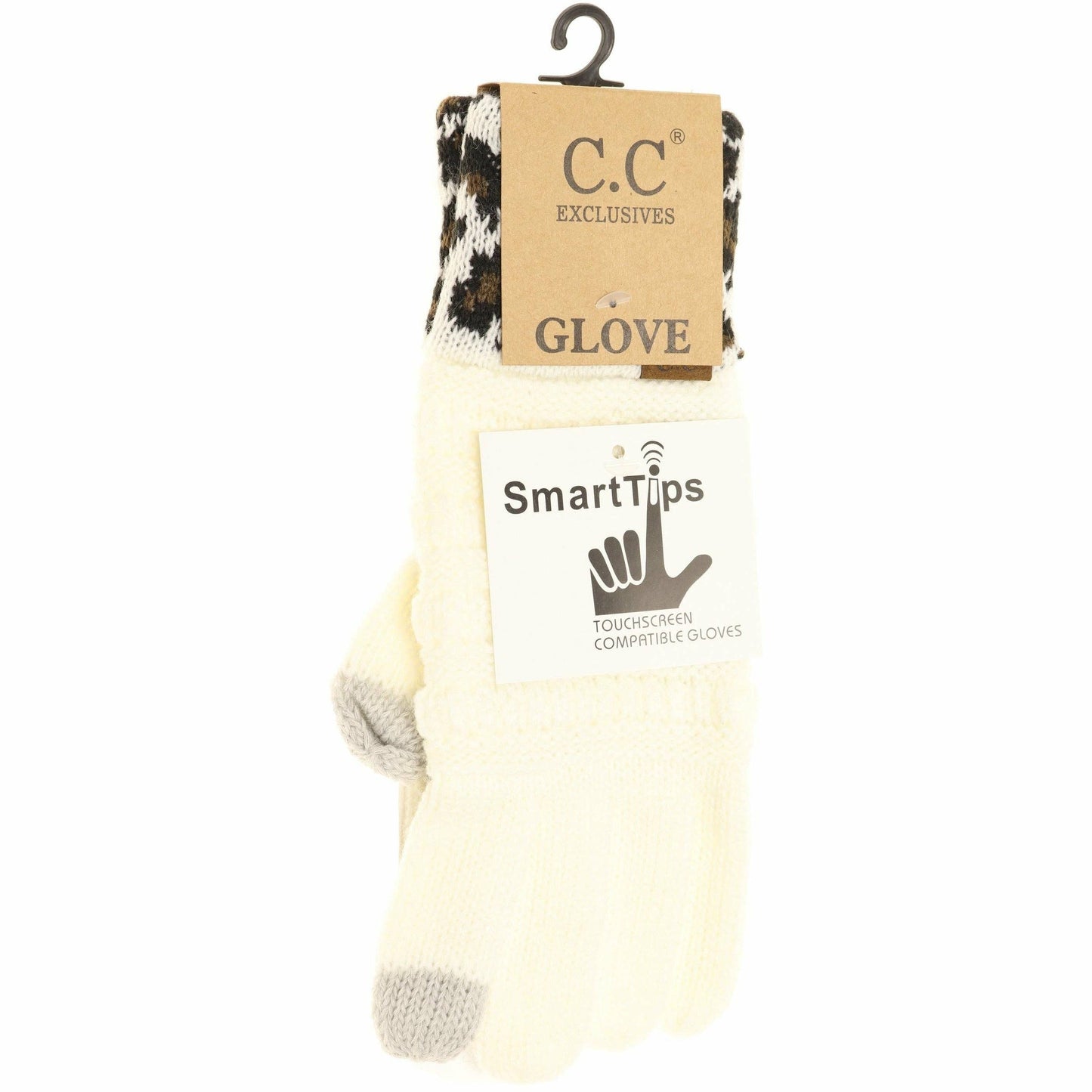 Solid Cable Knit Leopard Cuff CC Women's Gloves