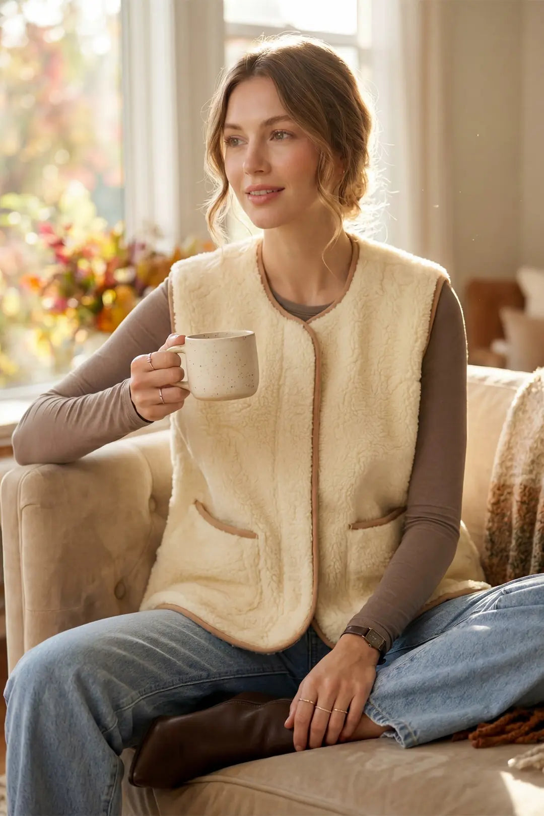 A woman sits on a beige sofa in a softly lit living room, wearing a cream sherpa-lined sleeveless vest over a taupe long-sleeve top and blue jeans, holding a ceramic mug.