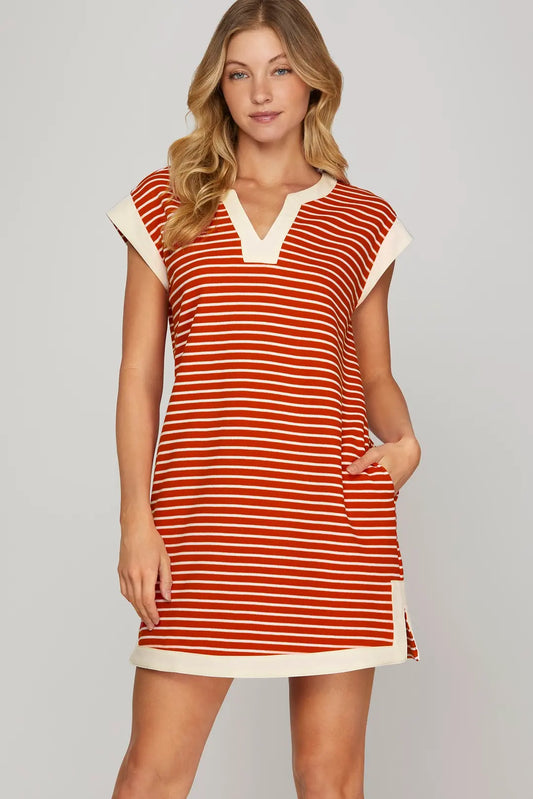 Red & Cream Striped Dress with Pockets
