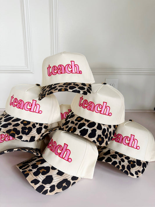 Teach Embroidered Leopard Trucker Hat