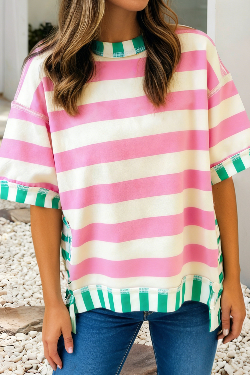Pink Stripe Colorblock Round Neck Blouse