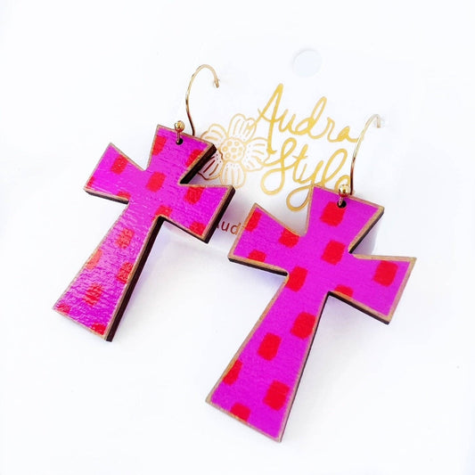 Cross Dangle Earring- Pink Red Dot