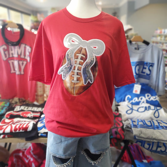 Football Sequin Bow Graphic T-Shirt