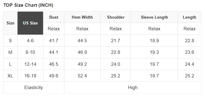 Size chart for tops in inches with measurements for bust, hem width, shoulder, sleeve length, and length.