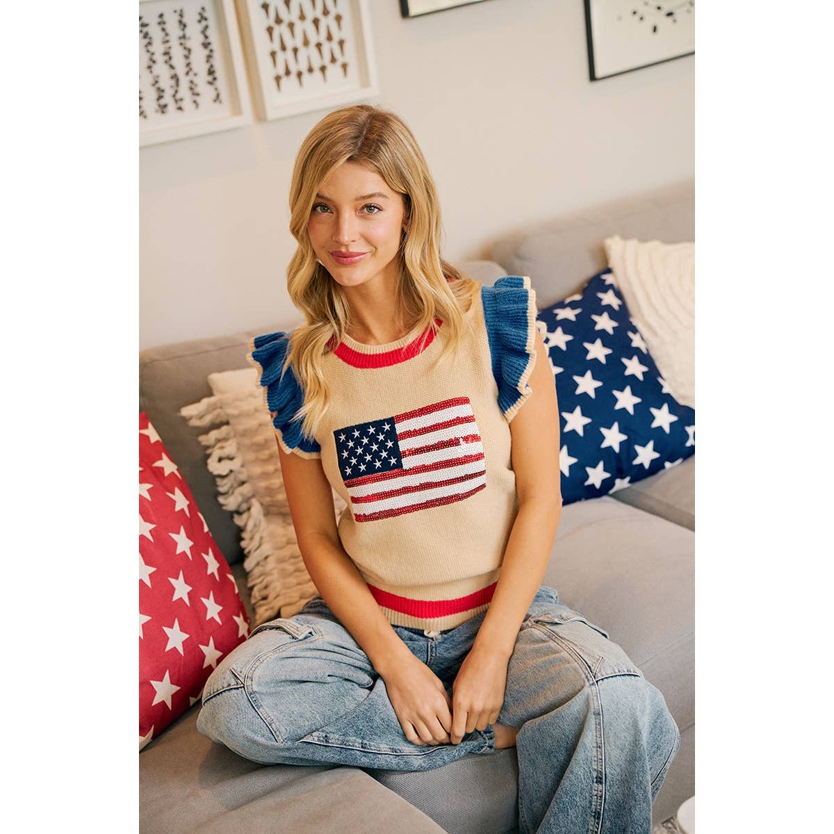BiBi Sequin American Flag Knit Sleeveless Top