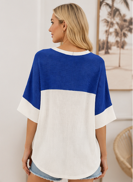 Woman wearing a blue and white color-blocked shirt with denim shorts, surrounded by lifestyle images.