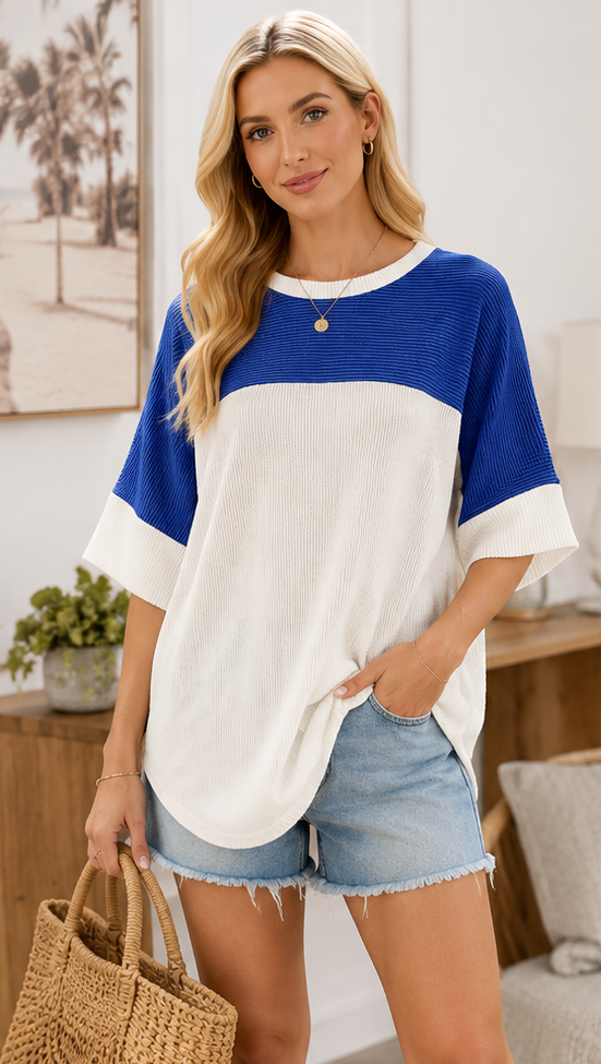 Coastal Blue Ribbed Texture Top