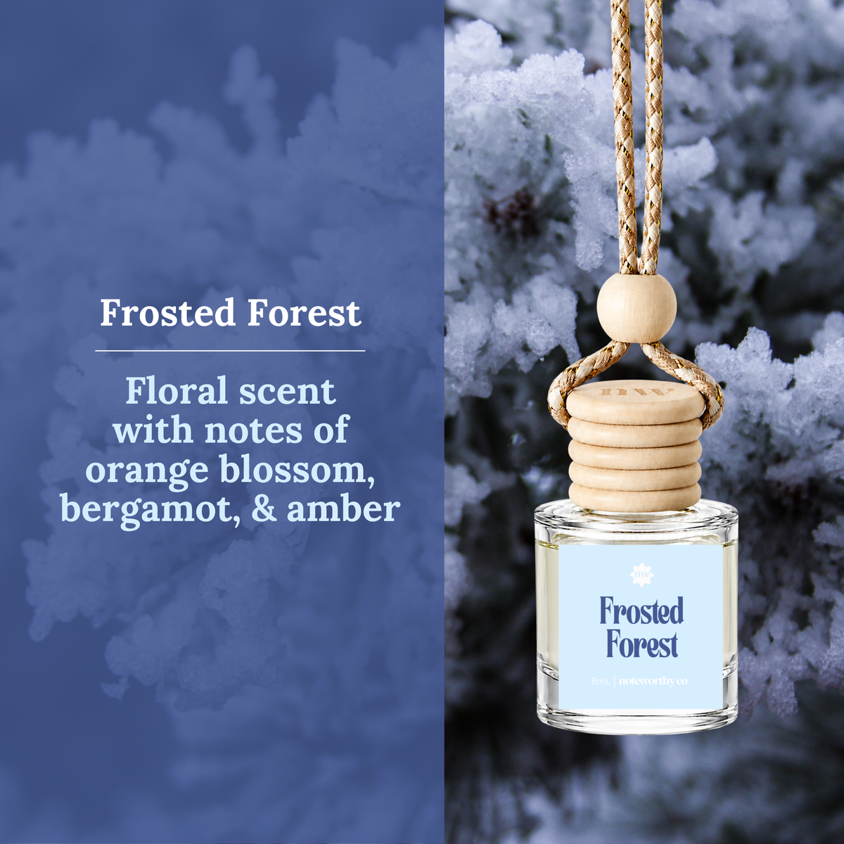 Frosted Forest reed diffuser bottle with a light blue label and natural wood cap, hanging against a snowy outdoor background, with text on the left describing the floral scent notes.