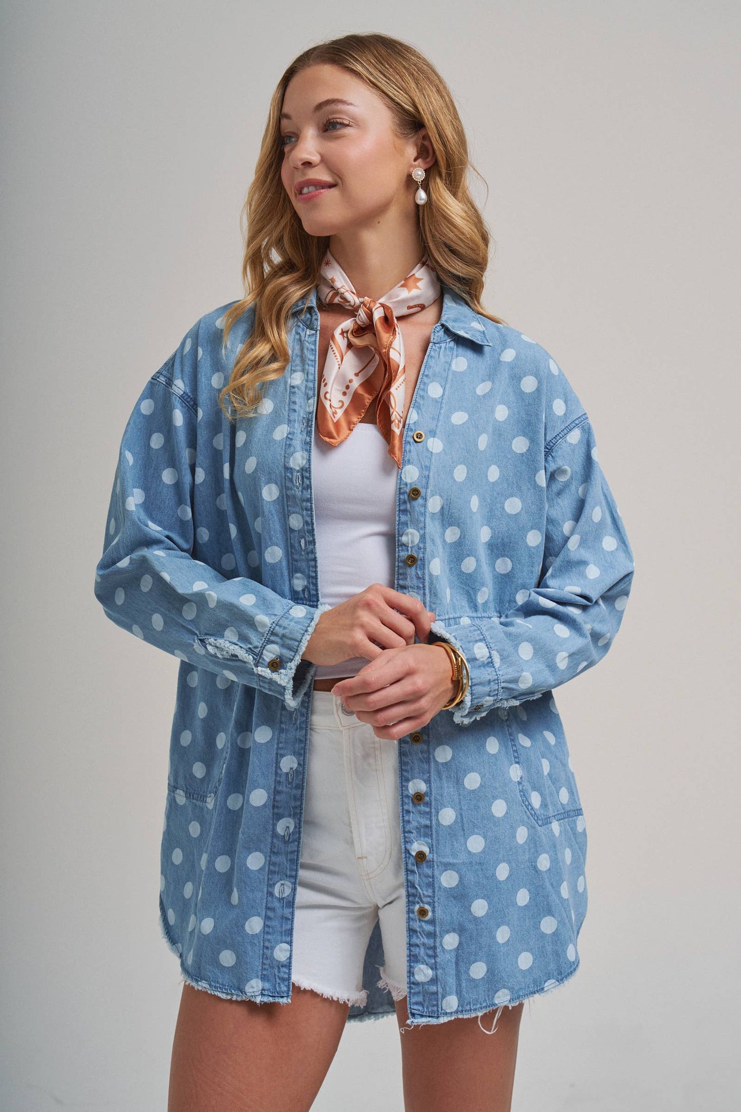 Polka Dot Chambray Button-Up Shirt with Frayed Hem