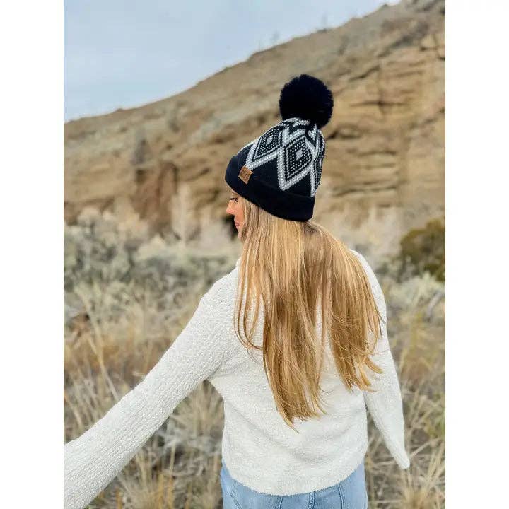 C.C Diamond Geometric Pattern Faux Fur Pom Beanie