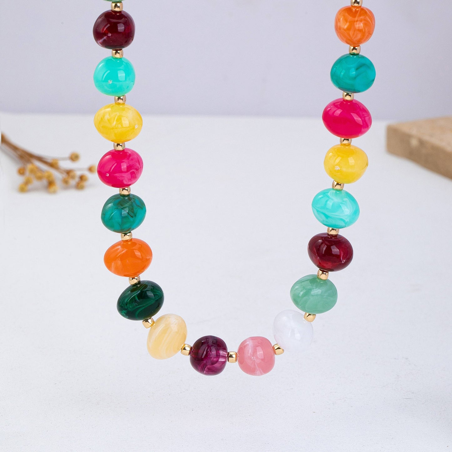Colorful Resin Pebble Beaded Statement Necklace