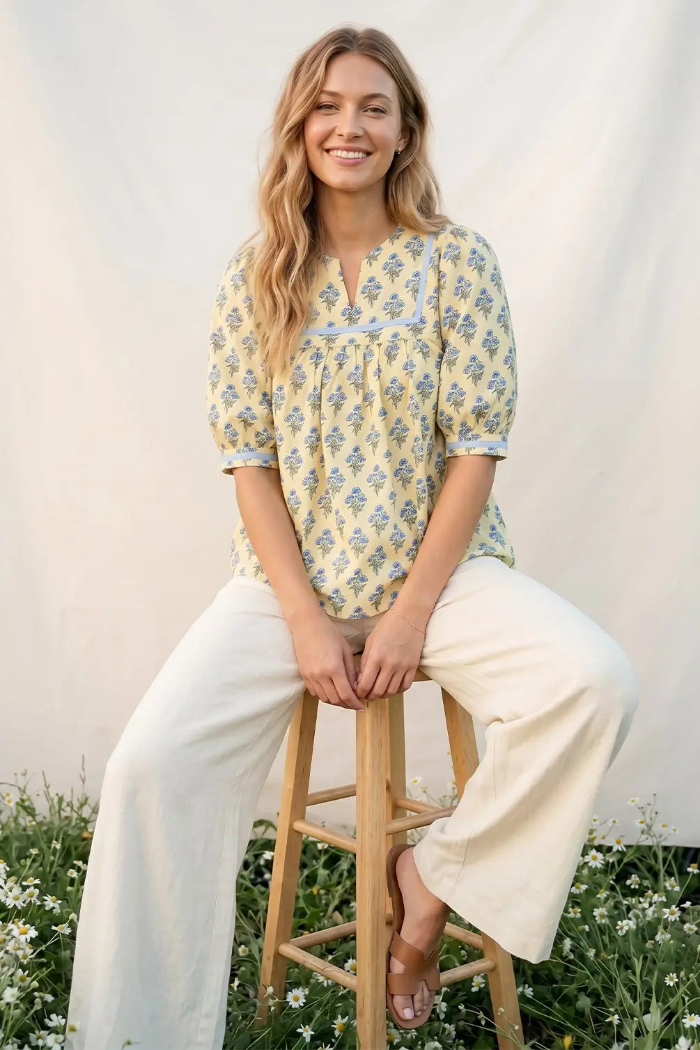 She + Sky Vanilla Floral Half Sleeve Top