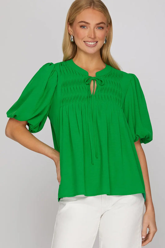 Green Puff Sleeve Top with Tie Neck Detail