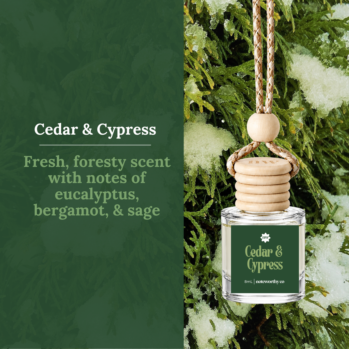 Cedar & Cypress reed diffuser bottle with a wooden reed top and hanging cord, shown beside green moss and snow with text reading 'Cedar & Cypress' and scent notes.