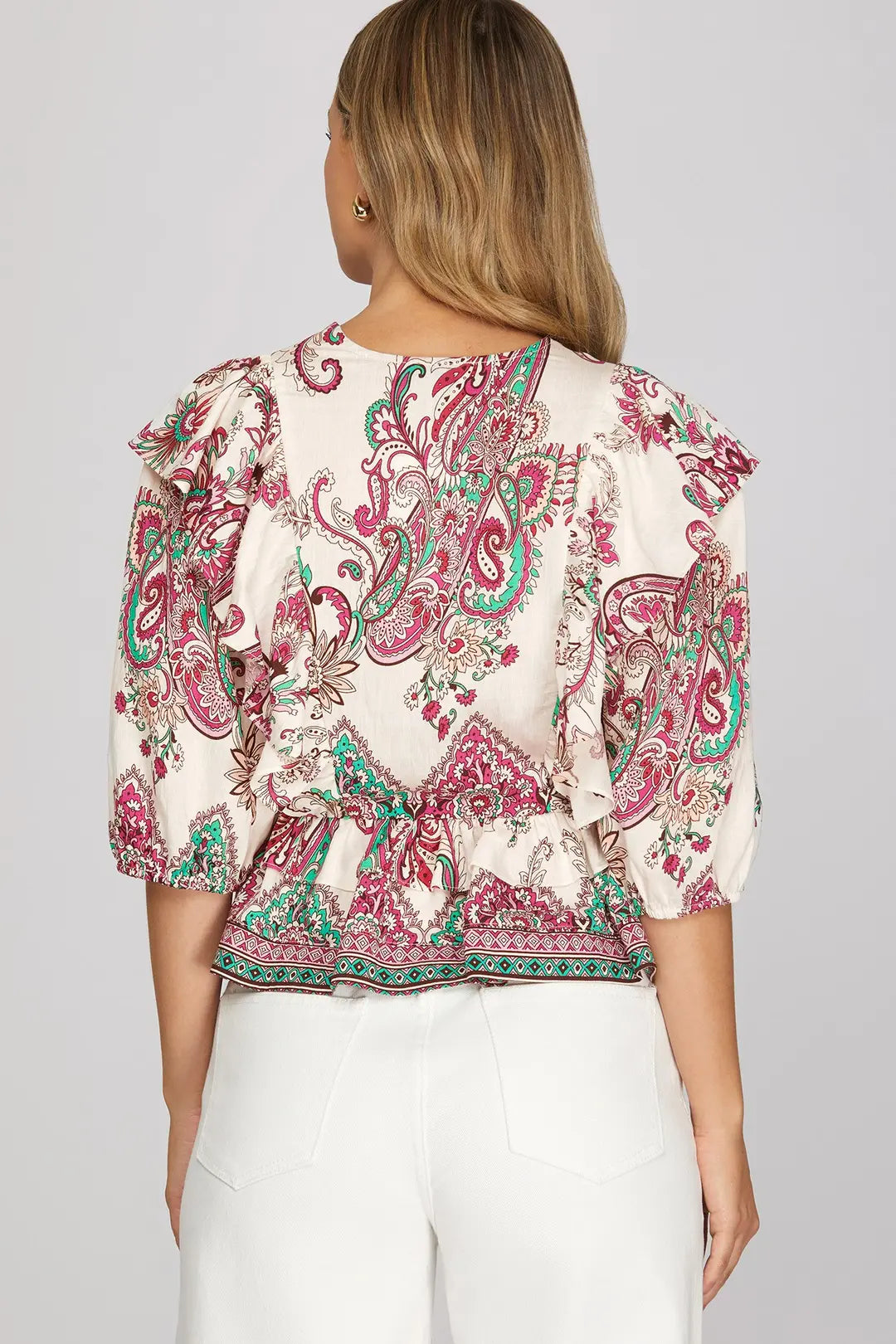 She + Sky Ivory Paisley Border Wrap Top