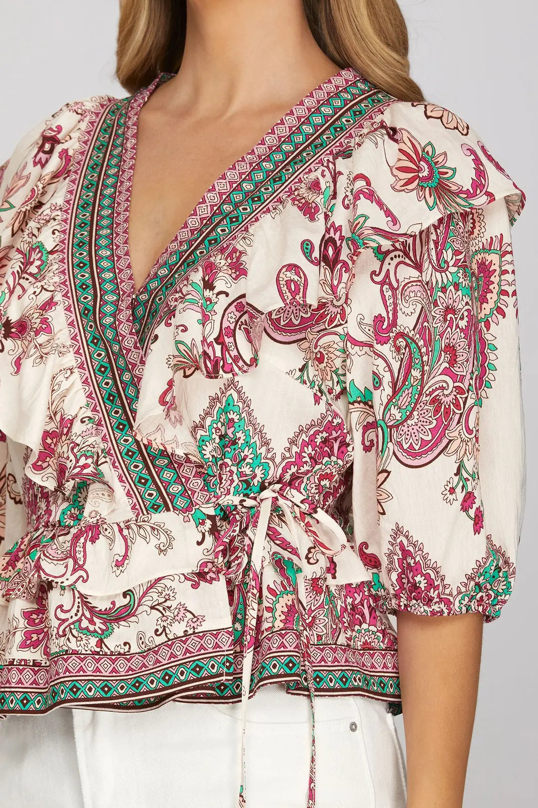 She + Sky Ivory Paisley Border Wrap Top