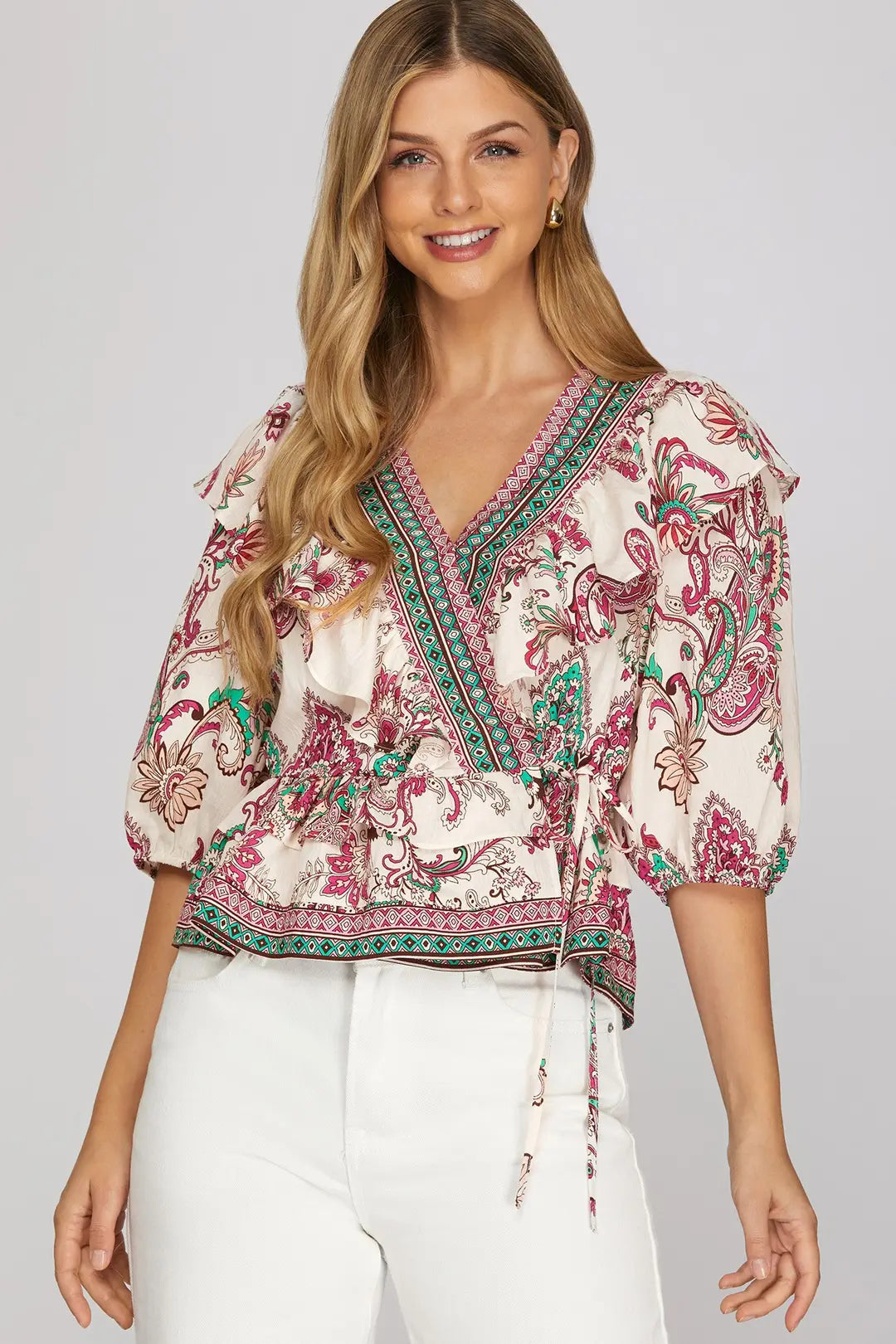 She + Sky Ivory Paisley Border Wrap Top