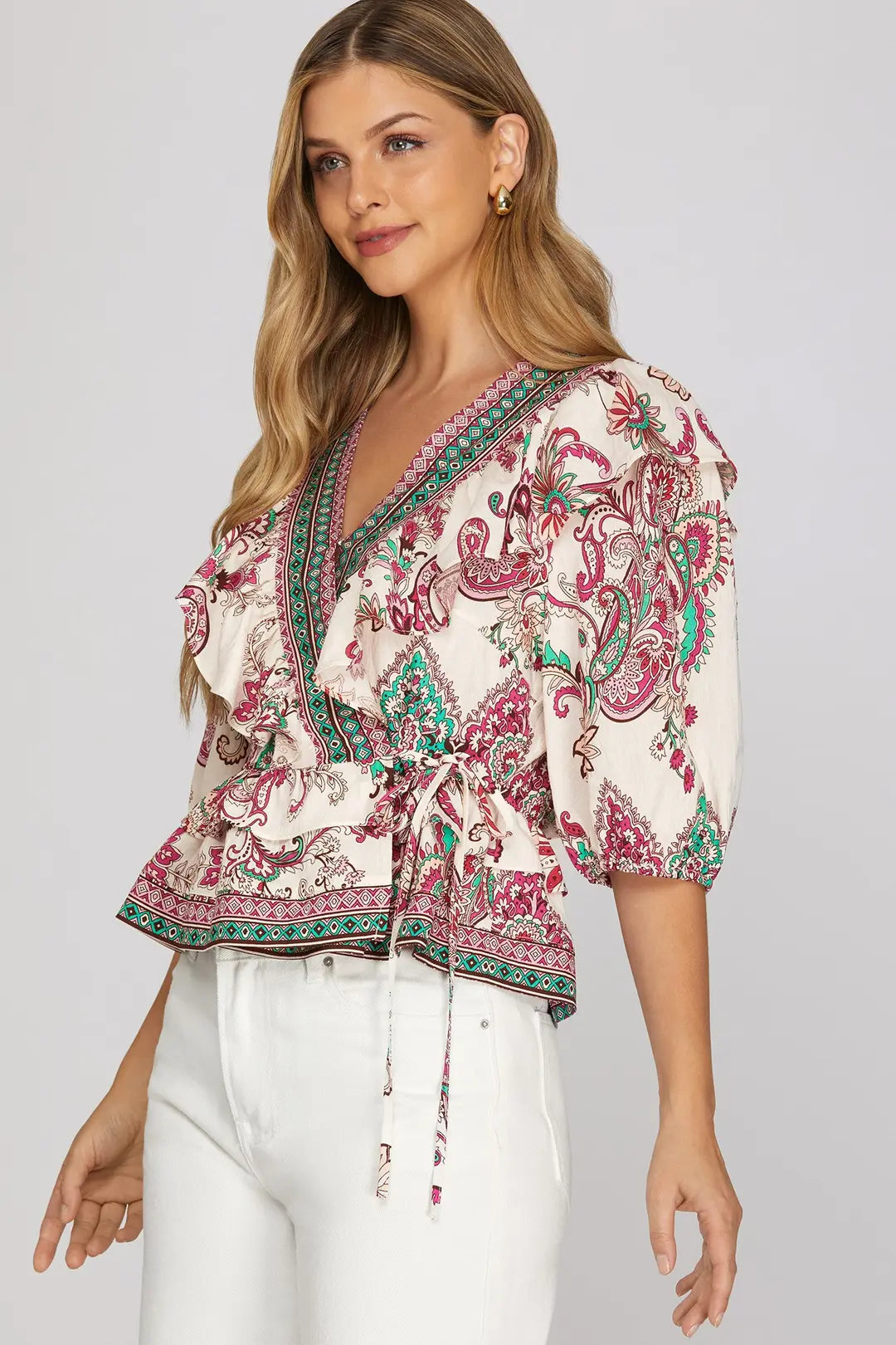 She + Sky Ivory Paisley Border Wrap Top