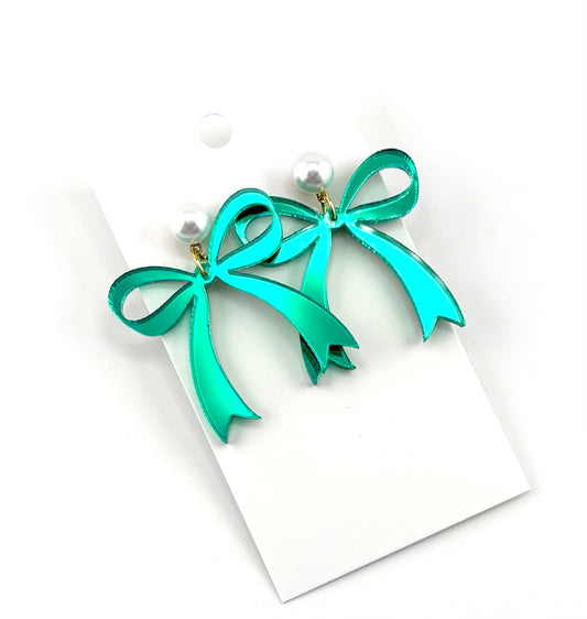 Aqua Mirror Bow & Pearl Drop Earrings