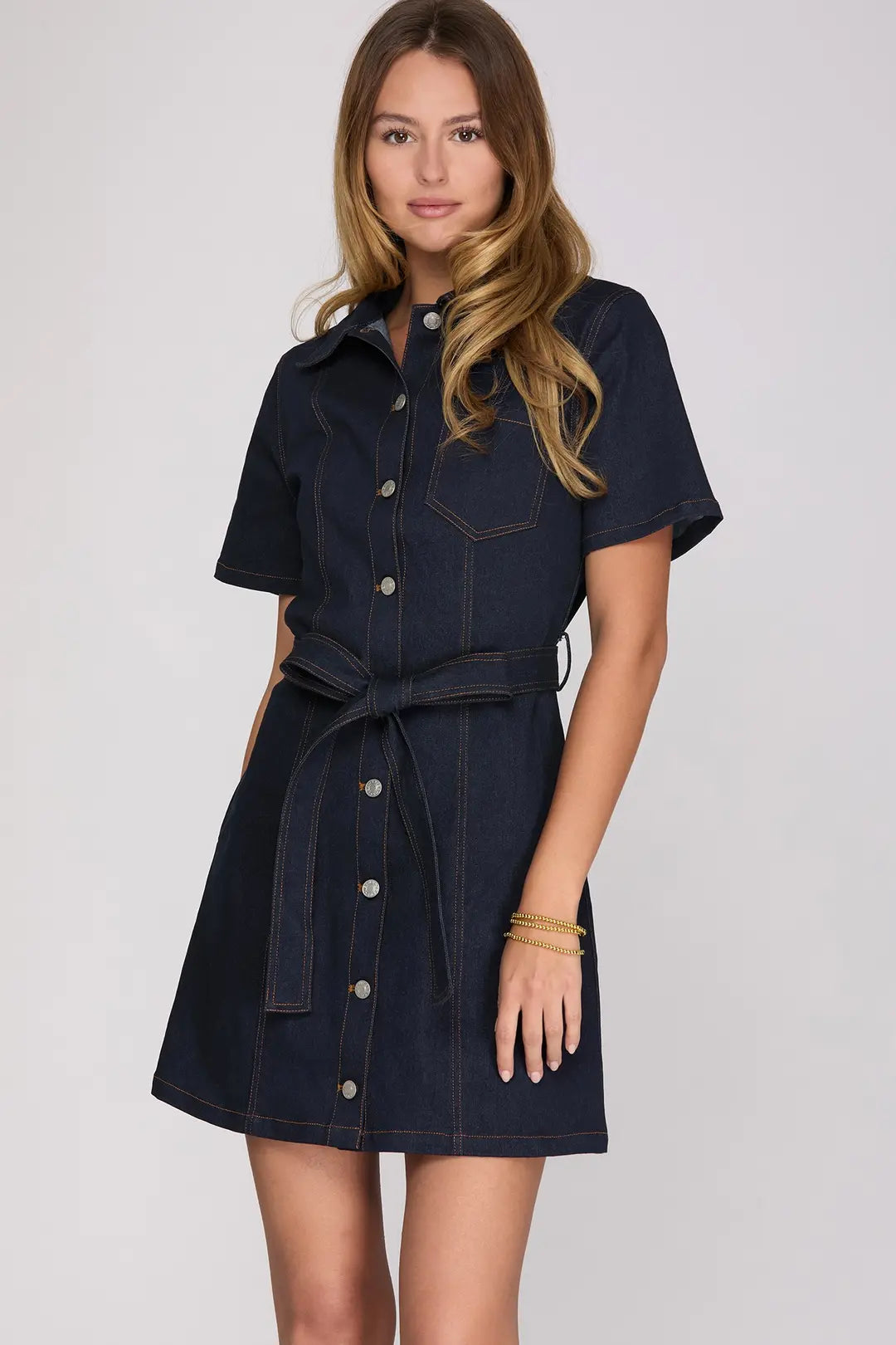She + Sky Dark Denim Button Front Mini Dress with Waist Tie & Pockets Large