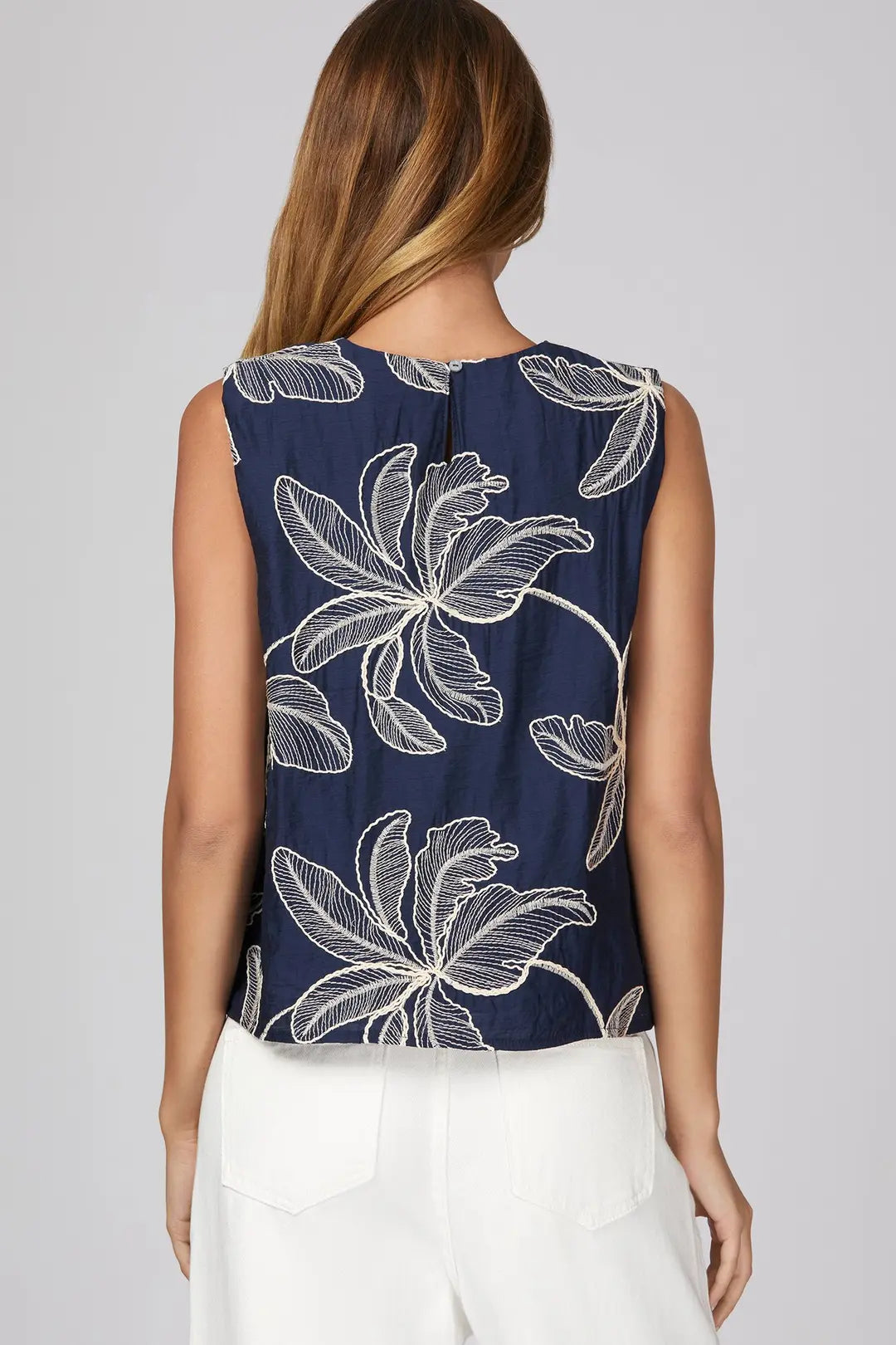 She + Sky Navy Tropical Embroidered Sleeveless Top