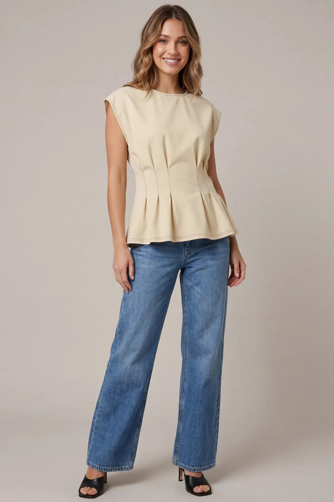 She + Sky Ecru Pintuck Peplum Top