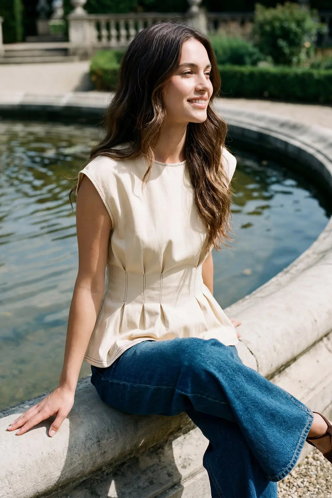 She + Sky Ecru Pintuck Peplum Top